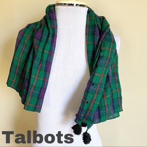 🌻 Talbots Green Plaid Black Dot Dotted Scarf